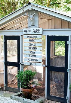 a small chicken coop with a sign on the door that says, on the farm