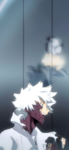 an anime character with white hair standing in front of a mirror and looking at his reflection