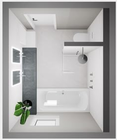 a bathroom with a white bathtub and green plant in the corner next to it