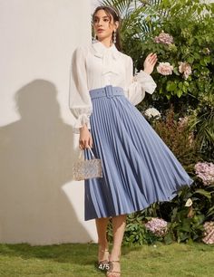 Formal Attire Women Skirt, Formal Attire Women, Long Skirt And Top, Light Blue Skirts, Blue Pleated Skirt, Modesty Fashion, Kurti Designs Party Wear, Everyday Fashion Outfits