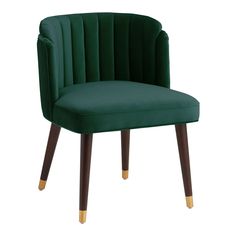 an upholstered green chair with wooden legs