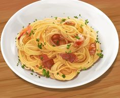 a white bowl filled with pasta and sauce on top of a wooden table next to a fork