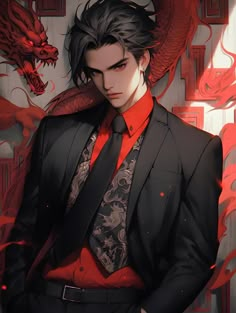 a man in a suit and tie with a dragon on his shoulder