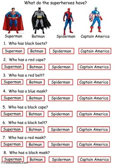 an english worksheet with pictures of superheros and the words in each language