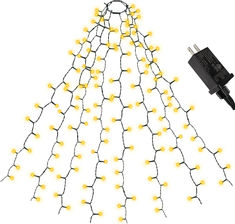 a string of yellow lights is attached to a black power cord and plugged in