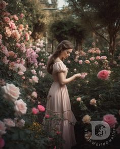 a woman in a pink dress is standing among flowers and trees with her hand on the flower