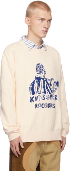 Knit cotton-blend sweater. · Rib-knit crewneck, hem, and cuffs · Intarsia graphic, logo, and text at front · Dropped shoulders Supplier color: Cream Graphic Knit Sweater, Corduroy Blazer, Graphic Logo, Satin Shirt, Logo Pattern, Knit Crewneck, Polyester Satin, Knit Cotton, Fleece Hoodie