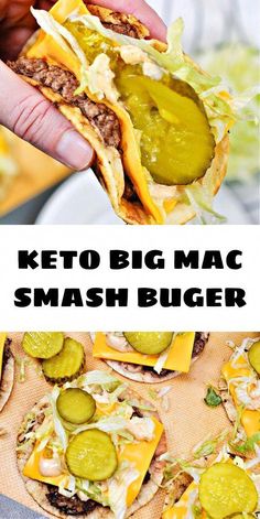 the keto big mac smash burger is ready to be eaten with pickles and jalapenos