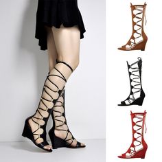 Product Description Women's Gladiator Sandals Shoes Strappy Knee High Lace Up Wedge Heel Boots Beach Rubber sole DESIGN -- Sexy gladiator wedge sandals, fashionable, casual and comfortable women keen high shoes with zipper and metal decoration design BEAUTY -- Delicate and sexy gladiator sandals for women. Mid calf shoes - Hot selling style of women shoes, sure to look great with any outfit. BEST GIFTS -- Thigh heel caged wedge sandals boot with 3.15" best height to show perfect figure of women. Leather Lace-up Wedge Sandals For Summer, Leather Wedge Heel Lace-up Sandals For The Beach, Leather Lace-up Wedge Sandals For Beach, Thigh High Gladiator Sandals, Gift Ideas For Wife, Knee High Sandals, Gladiator Wedge Sandals, Gladiator Wedges, Gladiator Boots