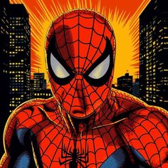 a spider - man stands in front of a cityscape with the sun behind him