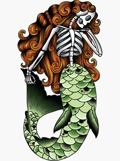 a skeleton mermaid with red hair is holding a fish