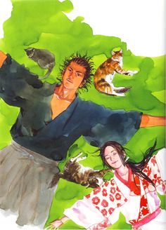 a man and woman laying on the ground with cats in their hands, surrounded by green leaves