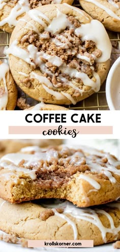 a cookie filled with coffee cake streusel and coated in a glaze Coffee Cake Cookies, Crumble Cookie Recipe, Christmas Baking Recipes, Gourmet Cookies, Oreo Dessert, Think Food, Baking Sweets, Fun Baking Recipes, Fall Baking