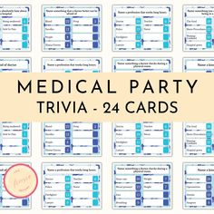 medical party trivia cards with the words, medical party trivia - 24 cards