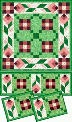 two quilts with green and pink squares on them