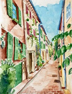 watercolor painting of an alleyway with green shutters and brick walkway leading to two buildings