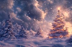 a christmas tree in the middle of a snowy landscape with stars and snow flakes