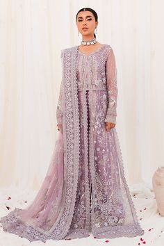 Silver Embroidered Lilac Pakistani Open Gown Style Wedding Dress Open Gown Style, Pakistani Gown, Shirt With Tie, Raw Silk Fabric, Open Shirt, Organza Sleeves, Pakistani Wedding Dress, Gown Style, Elegant Attire