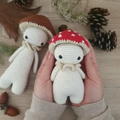 two crocheted dolls are shown in front of pine cones and acorns