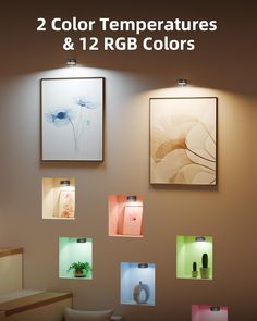 two color temperaturers and 1 rgb colors on the wall in front of paintings