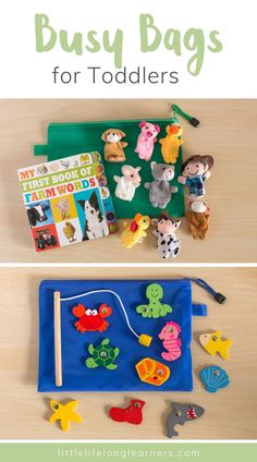 two pictures with the words busy bags for toddlers on them and an image of toys