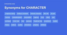 a blue background with the words synonyms for character in white letters on it