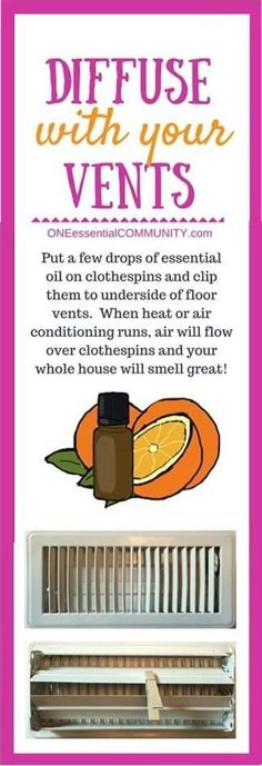 genius essential oil tip #5 (of 31)-- Ready to have your mind blown? check out this GENIUS ESSENTIAL OIL TIP Put a few drops of essential oil on clothespins and clip them to the underside of all your floor vents. When your heating or air conditioning runs, air will flow over the clothespins and your whole house will smell great! Refresh with more drops of essential oil as needed. BRILLIANT!! Essential Oil Usage, Heat Vents, Floor Vents, Good Year, Young Living Oils, Doterra Oils, Diy House