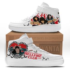 Stranger Things Air Mid Shoes Custom HellFire Club SneakersGear Wanta Stranger Things Custom Shoes, Custom Shoes Stranger Things, Eddie Munson Shoes, Stranger Things Shoes, Stranger Things Hellfire Club, Stranger Things Hellfire, Stranger Things Merchandise, Stranger Things Outfit, Custom Shoes Men