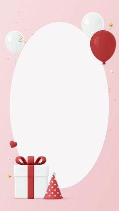 a pink background with balloons and a gift box