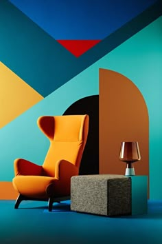 an orange chair sitting next to a lamp on top of a blue floor in front of a colorful wall