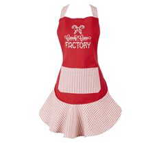 a red and white apron dress with the words factory printed on it's chest