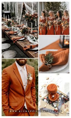 an orange and white wedding theme is featured in this collage