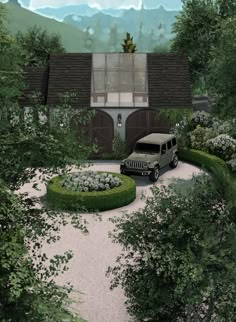 a car parked in front of a house surrounded by trees and bushes with a circular driveway