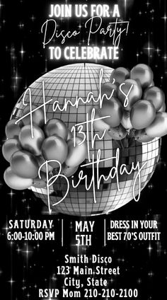 Silver Disco Birthday Invitation | Disco Video Invitation Disco Invitations Ideas, Euphoria Disco, Disco Party Invitations, Disco Video, Ball Dancing, 70’s Disco, Disco Party Decorations, Silver Invitation, 36th Birthday