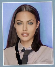 a woman with long brown hair wearing a tie and dress shirt is looking at the camera