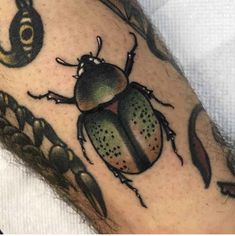 a close up of a person's leg with a tattoo on it and a beetle