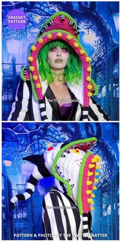 two different pictures of a woman with green hair and black and white striped clothing, one in