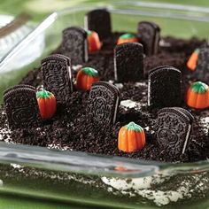 there are oreo cookies and pumpkins in the dirt on top of each other