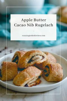 apple butter caco nib rugelach on a white plate with the title overlay