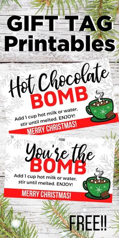 two christmas gift tags with the words hot chocolate bomb and merry christmas message on them