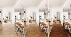 three pictures of the same room with chairs and bar stools in each one side