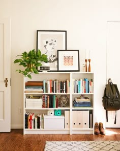 a bookshelf filled with lots of books next to a door and a plant