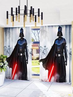 the curtains in this room have darth vader images on them and lights up