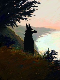 a dog sitting on top of a hill next to the ocean under a pine tree