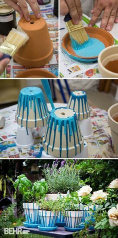 several pictures showing different ways to decorate pots with paint on them and then using brushes