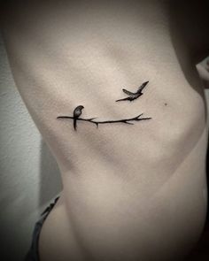 two birds sitting on a branch tattoo on the side of a woman's stomach