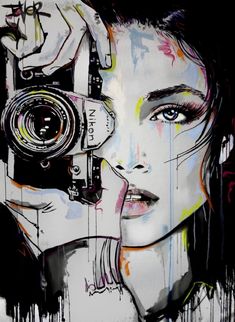 a painting of a woman holding a camera