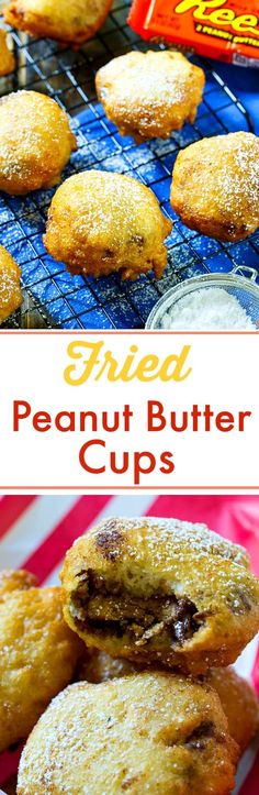 fried peanut butter cups are stacked on top of each other and ready to be eaten