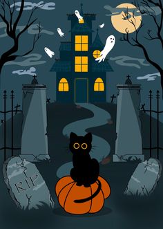 a black cat sitting on top of a pumpkin in front of a house with spooky eyes