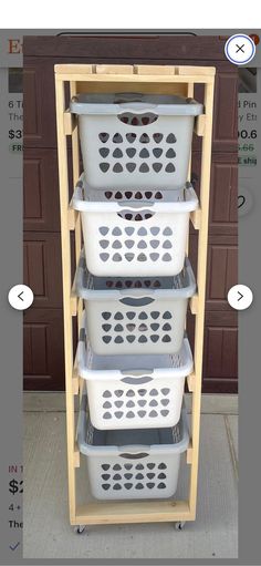 three baskets stacked on top of each other in front of a garage door with instructions